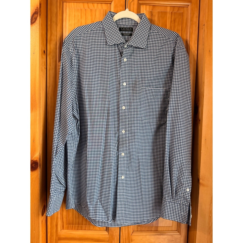 NWOT Lauren RL Mens L Gingham Check Blue Long Sleeve Dress Shirt 17 34/35